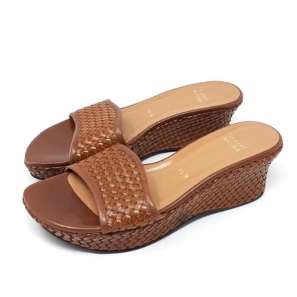 Stuart Weitzman Tan Woven Embossed Leather Wedge Sandals